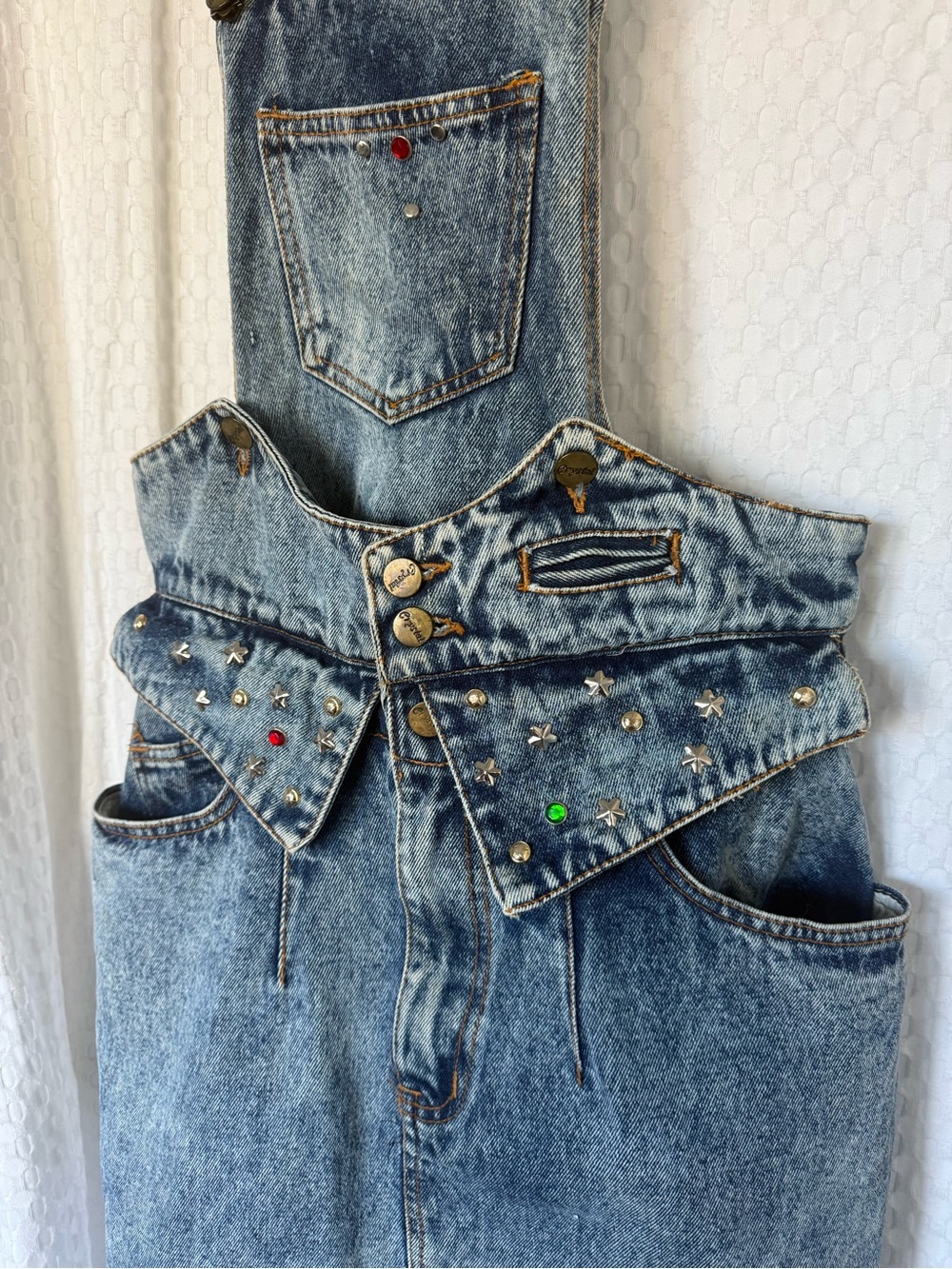 Vintage Crystal 90s Embellished Denim Detachable Overall Skirt 11/12 - Picture 3 of 10